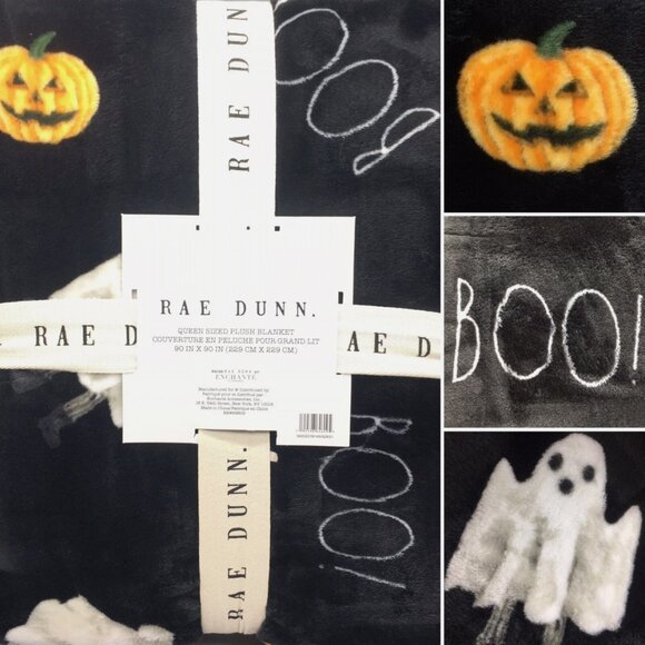 Rae Dunn BOO Halloween Black QUEEN Throw Blanket Ghost Pumpkin Jack-O-Lantern - Picture 1 of 7